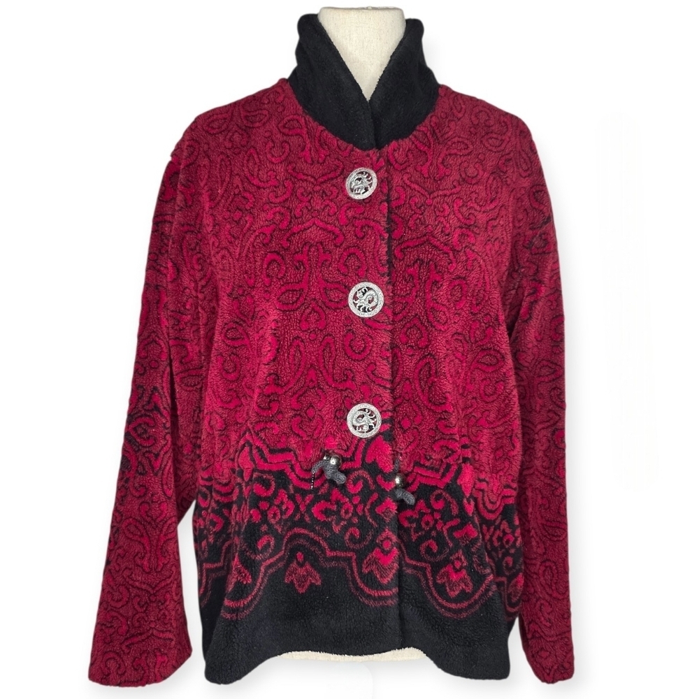 Vintage Duffel Sportwear Red Black Paisley Cardigan Approximately L/XL